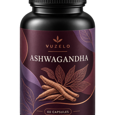 Vuzelo Ashwagandha 60-capsule adaptogen supplement bottle